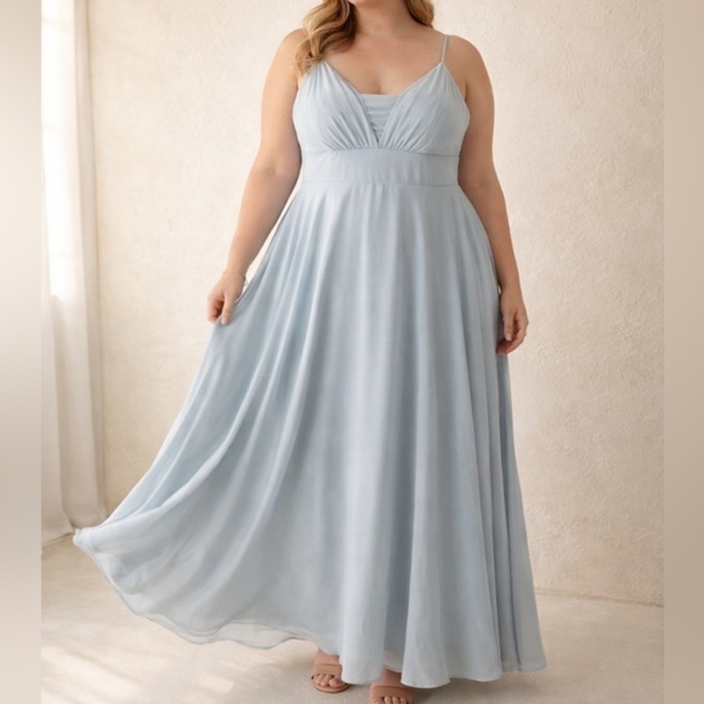 Jenny Yoo Soft Blue Chiffon Empire Waist Bridesmaid Wedding Maxi Gown Dress